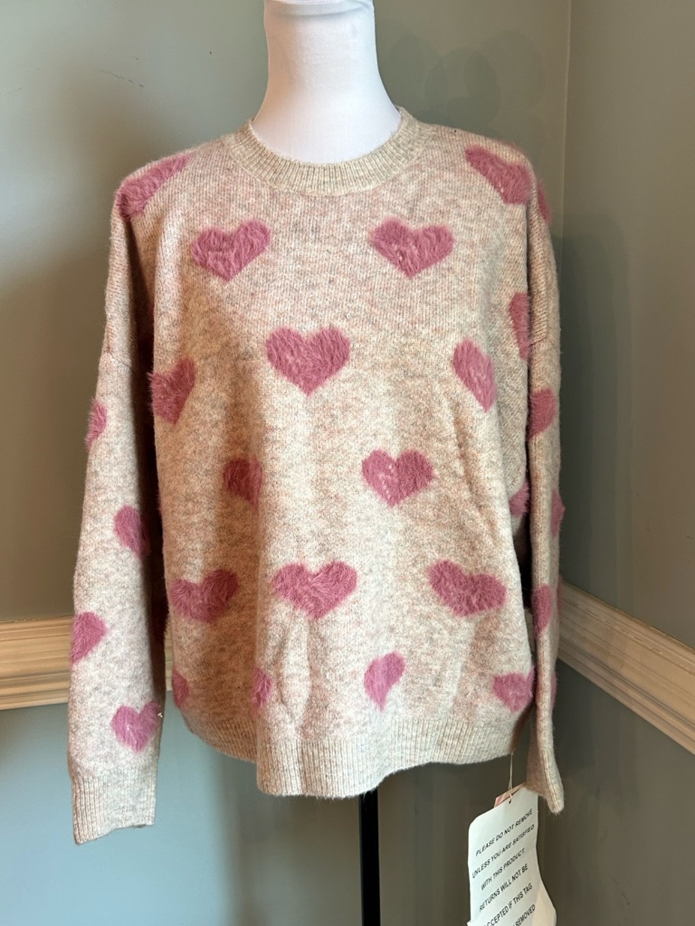 Chicwish Beige Sweater with Pink Heart Motif